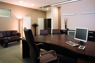 clean office space with dark wood